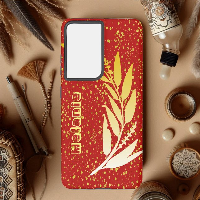 Gold Faux Foliage Glitter Custom Name Red Elegant Samsung Galaxy Case (Gold Faux Foliage Glitter Custom Name Red Elegant Samsung Galaxy Case)