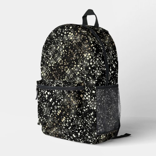 Gold Faux Glass Glitter Sparkle on Black Printed Backpack