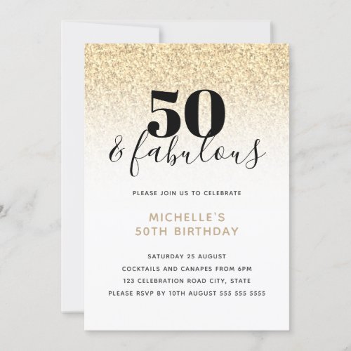 Gold Faux Glitter 50  Fabulous 50th Birthday  Invitation