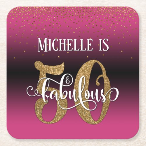 Gold Faux Glitter 50  Fabulous Pink Ombre Square Paper Coaster