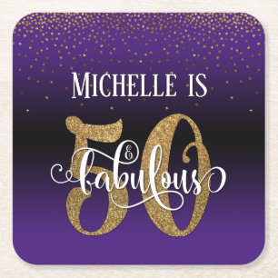 Gold Faux Glitter 50 & Fabulous Purple Ombre Square Paper Coaster