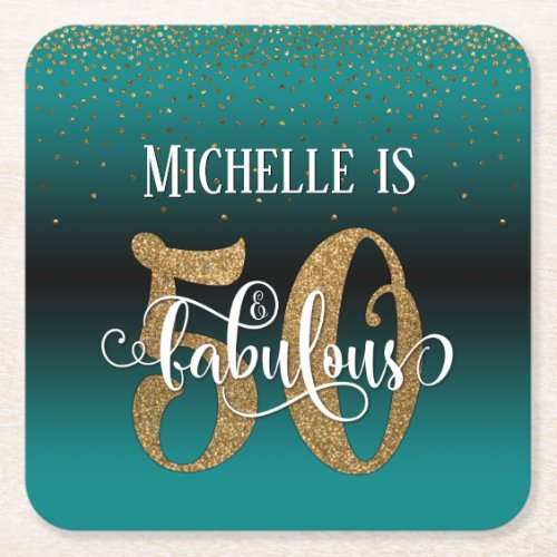 Gold Faux Glitter 50  Fabulous Teal Ombre Square Paper Coaster