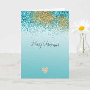 Gold Faux Glitter Aqua Heart Christmas Card