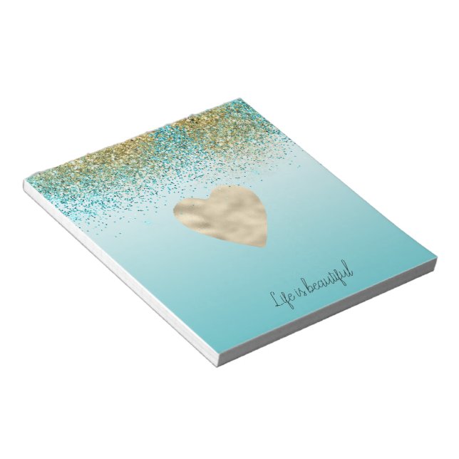 Gold Faux Glitter Aqua Ombre Heart   Notepad (Angled)