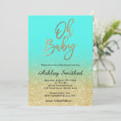Gold faux glitter aqua ombre Oh baby shower Invitation (Standing Front)