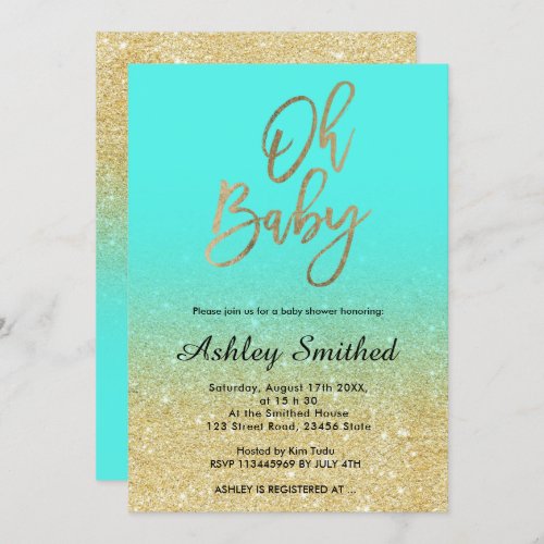 Gold faux glitter aqua ombre Oh baby shower Invitation