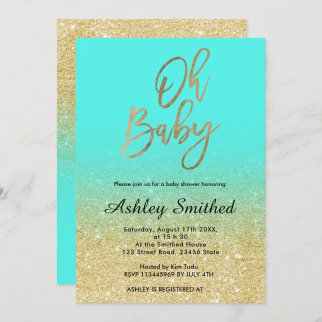 Gold faux glitter aqua ombre Oh baby shower Invitation (Front/Back)