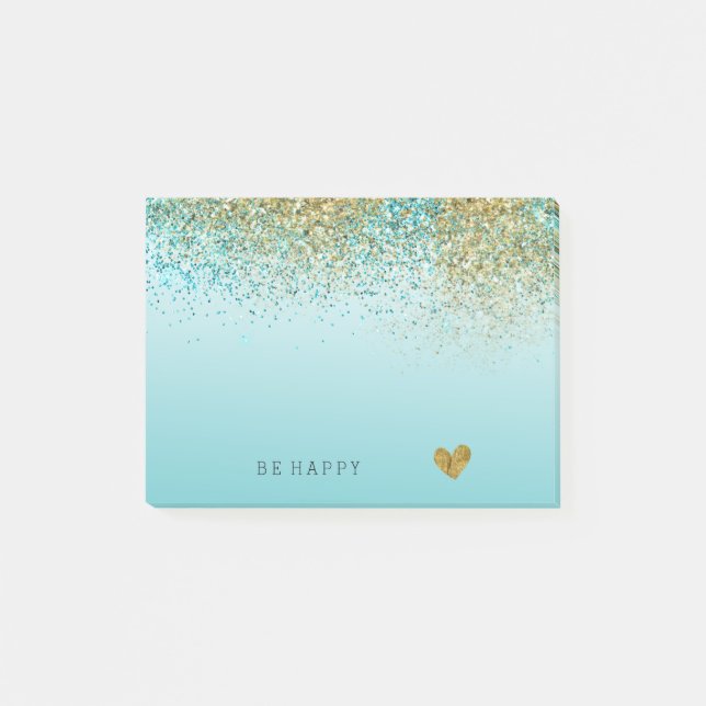 Gold Faux Glitter Aqua Ombre Personalized Post-it Notes (Front)