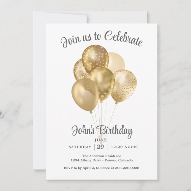 Gold Faux Glitter Balloon Birthday Party Invitation (Front)
