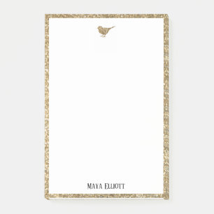 Gold Faux Glitter Bird & Border on White Post-it Notes