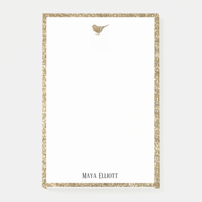 Gold Faux Glitter Bird & Border on White Post-it Notes (Front)