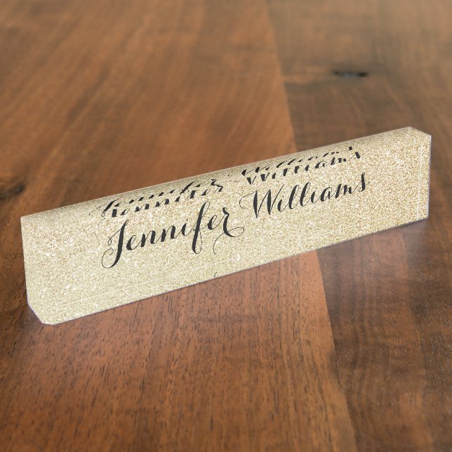 Gold Faux Glitter Black Script Typography Desk Name Plate (Side)