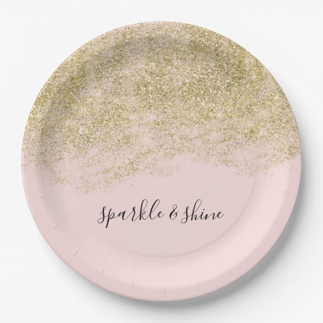Gold Faux Glitter Blush Pink Sparkle Birthday Paper Plates (Front)