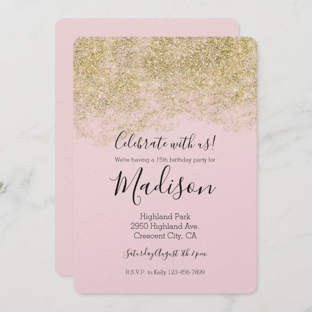 Gold Faux Glitter Blush Pink Sparkle Invitation (Front/Back)