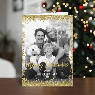 Gold Faux Glitter Border Christmas Photo Folded Holiday Card