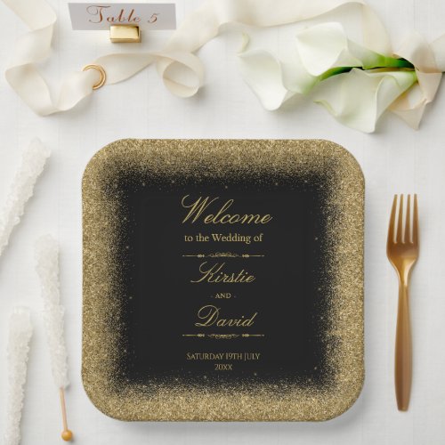 Gold Faux Glitter Border Wedding Paper Plates