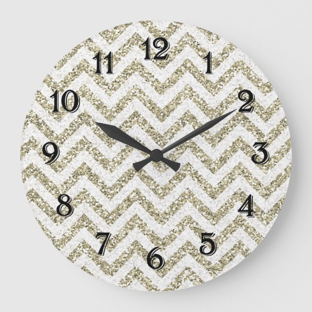 Gold Faux Glitter Chevron Large Clock (Front)