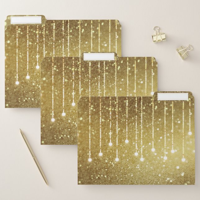 Gold faux glitter chic string lights sparkling file folder (Set)