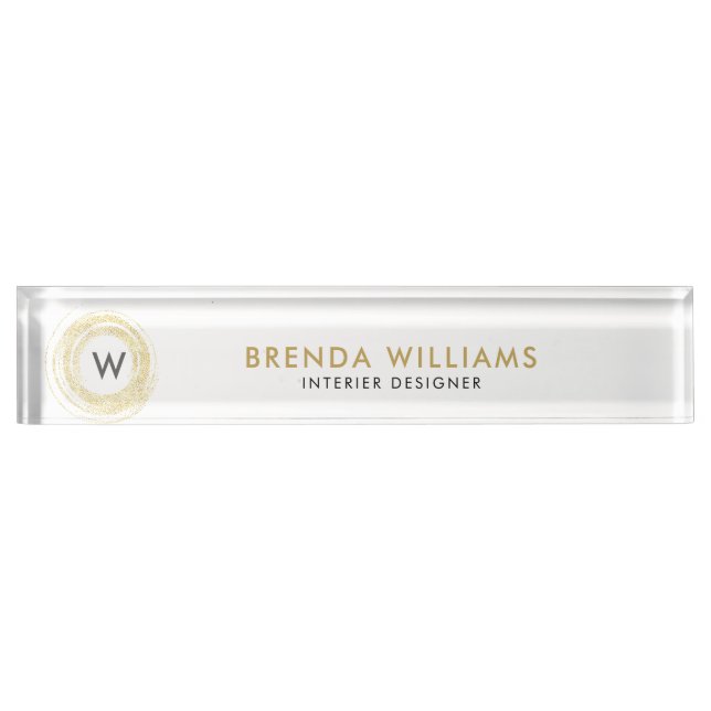 Gold Faux Glitter Circle Logo Desk Name Plate (Front)