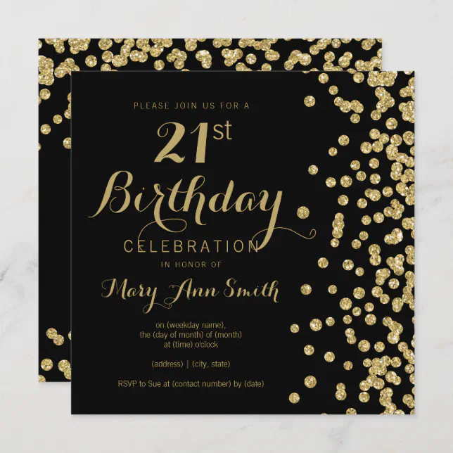 Gold Faux Glitter Confetti Black 21st Birthday Invitation | Zazzle