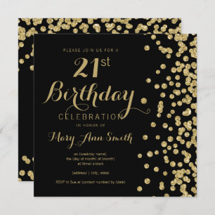 Gold Faux Glitter Confetti Black 21st Birthday Invitation