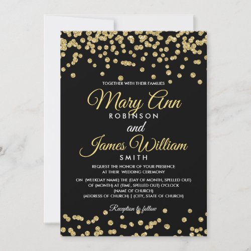 Gold Faux Glitter Confetti Elegant Wedding Black Invitation