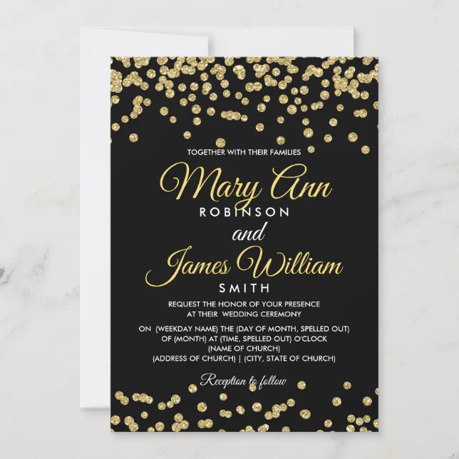 Gold Faux Glitter Confetti Elegant Wedding Black Invitation | Zazzle