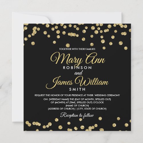 Gold Faux Glitter Confetti Elegant Wedding Black Invitation