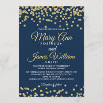 Gold Faux Glitter Confetti Elegant Wedding Navy Invitation