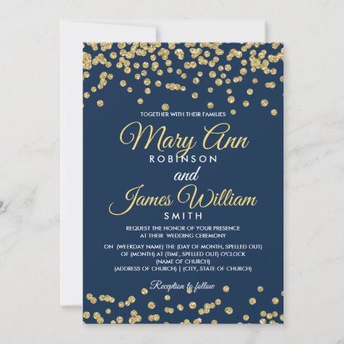 Gold Faux Glitter Confetti Elegant Wedding Navy Invitation