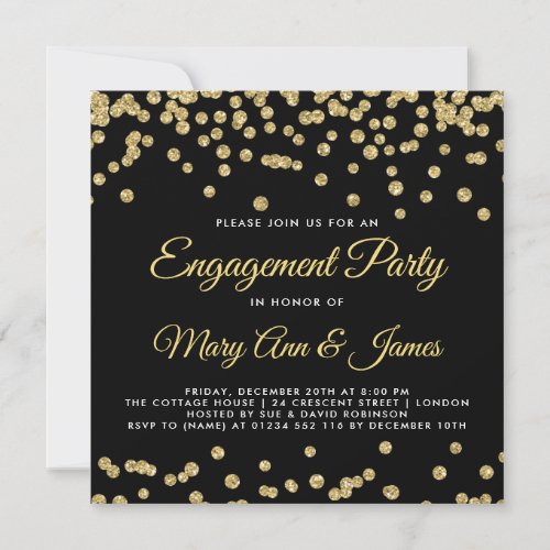 Gold Faux Glitter Confetti Engagement Party Black Invitation