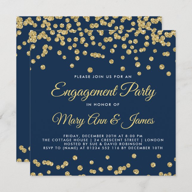 Gold Faux Glitter Confetti Engagement Party Navy Invitation (Front/Back)