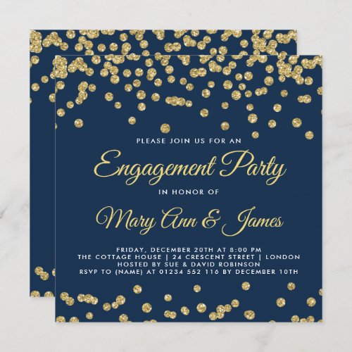 Gold Faux Glitter Confetti Engagement Party Navy Invitation