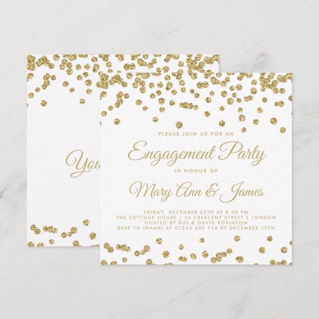 Gold Faux Glitter Confetti Engagement Party White Invitation (Front/Back)