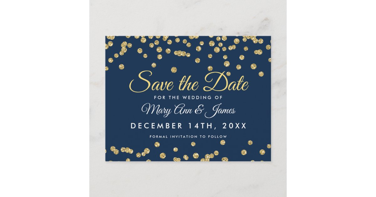 Gold Faux Glitter Confetti Navy Blue Save The Date Announcement ...