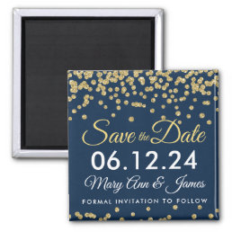 Gold Faux Glitter Confetti Navy Blue Save The Date Magnet