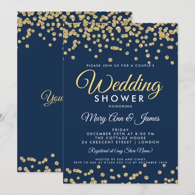 Gold Faux Glitter Confetti Navy Couple's Shower Invitation (Front/Back)