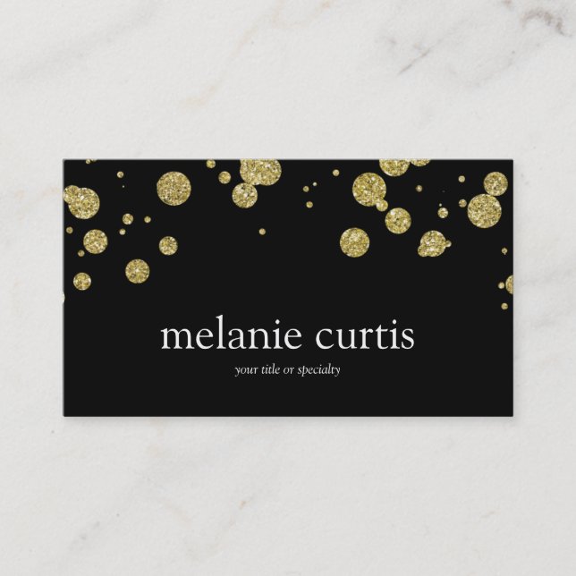 Gold Faux Glitter Confetti on Black Business Card (Front)