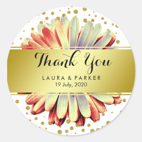 Gold Faux Glitter Daisy Thank You Wedding Floral Classic Round Sticker