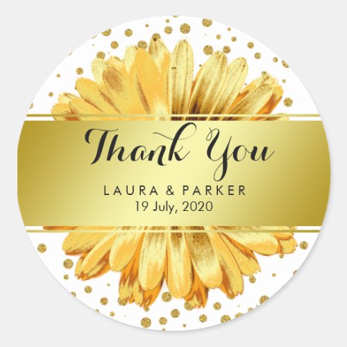 Gold Faux Glitter Daisy Thank You Wedding Floral Classic Round Sticker