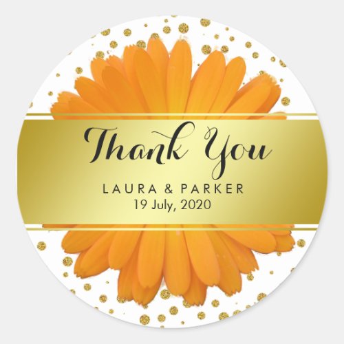Gold Faux Glitter Daisy Thank You Wedding Floral Classic Round Sticker