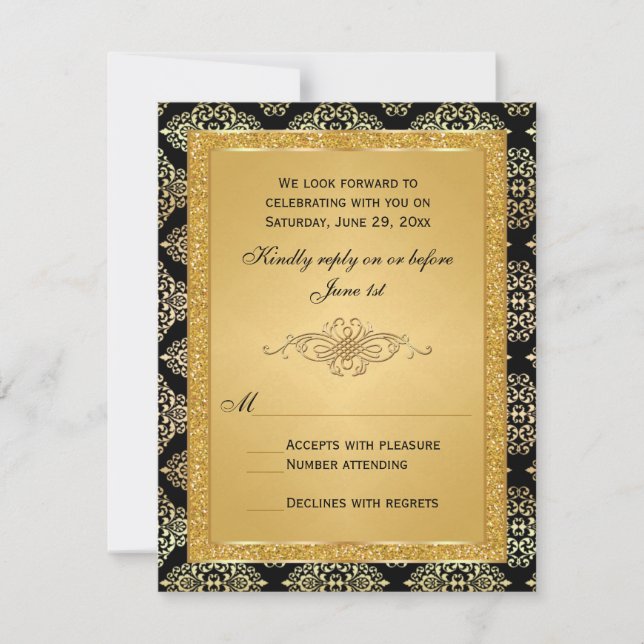 Gold FAUX Glitter, Damask Scroll RSVP Card (Front)
