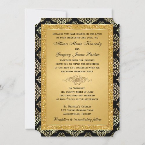 Gold FAUX Glitter Damask Wedding Invitation