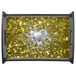 Gold Faux Glitter Diamond Heart Snowflake Large Serving Tray