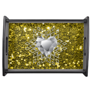 Gold Faux Glitter Diamond Heart Snowflake Small Serving Tray