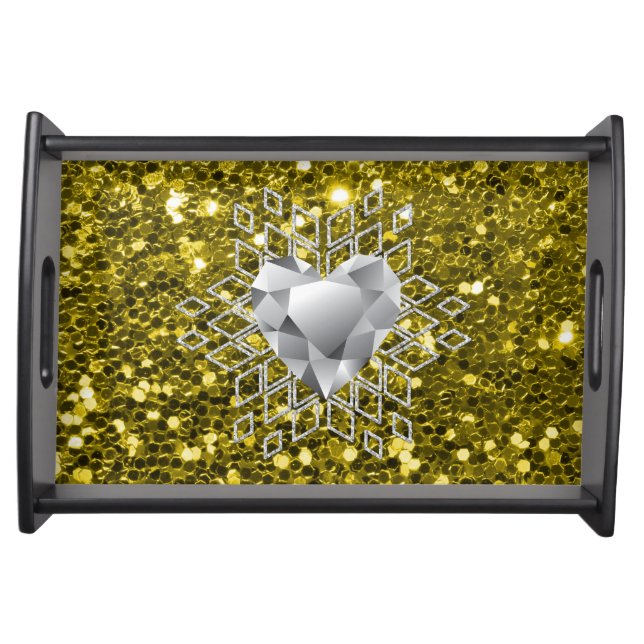 Gold Faux Glitter Diamond Heart Snowflake Small Serving Tray (Front)
