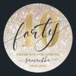 Gold Faux Glitter & Foil 40th Birthday Party  Classic Round Sticker<br><div class="desc">Modern,  trendy 40th birthday sticker. Design features typography script ''forty''  and sparkly glitter background,  number 40 in trendy gold lettering ,  name and date.</div>