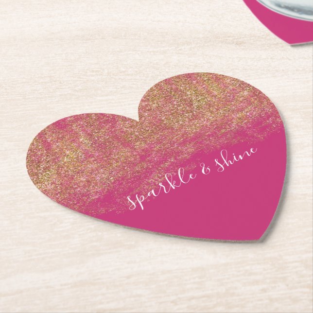 Gold Faux Glitter Girly Pink Sparkle Paper Coaster (Angled)
