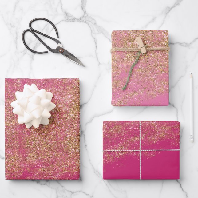 Gold Faux Glitter Girly Pink Sparkle Wrapping Paper Sheets (Front)