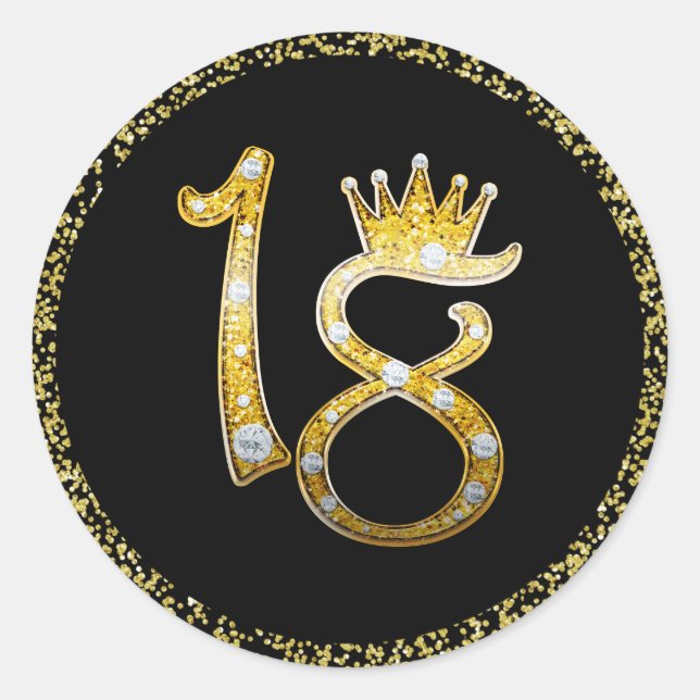 Gold Faux Glitter Glam Crown Diamond Bling 18th 18 Classic Round Sticker (Front)
